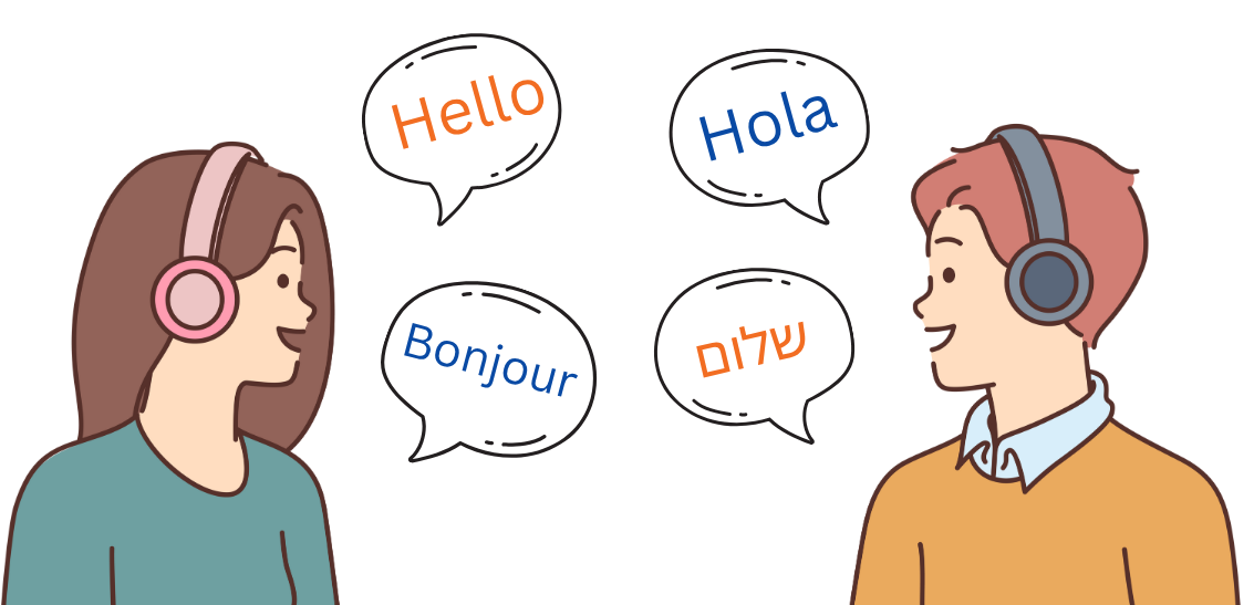 Two people greeting each other in english, spanish, french, and hebrew
