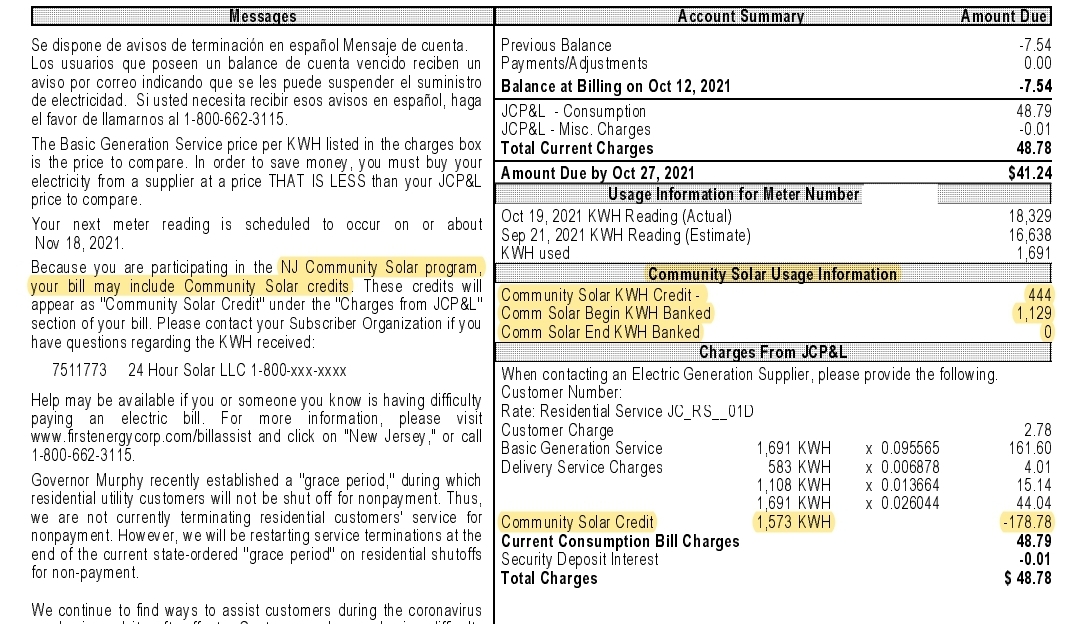 A sample JCPL bill which demonstrate Solar Credits appearing on the statement